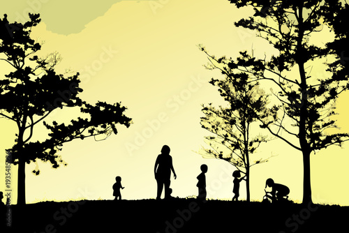 Silhouetted family and children enjoying a peaceful day in nature