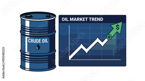 Crude oil barrel next to upward trending oil market graph