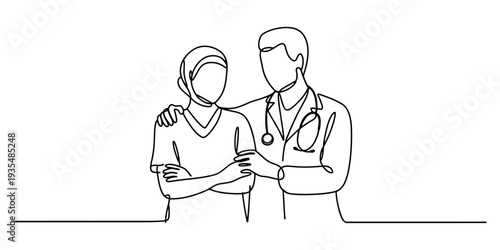 One line art illustration of a professional medical team consisting of a doctor and nurse. Vector, illustration