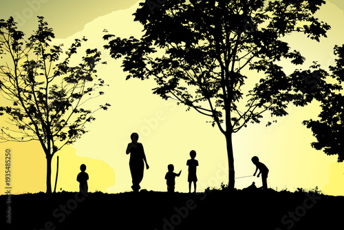 Silhouette of a family walking amidst trees at sunset