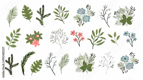 Collection of various illustrated botanical elements and floral arrangements