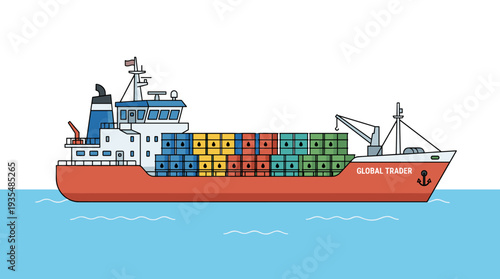 Cargo ship "Global Trader" carrying colorful oil barrels on the sea