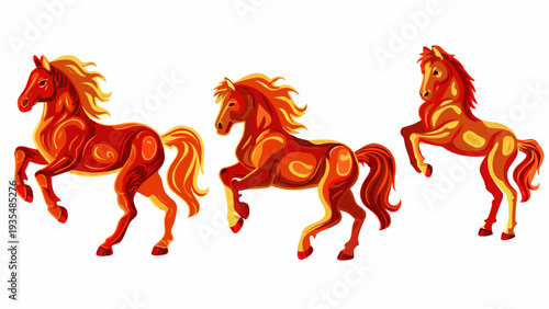 Three fiery horses depicted in a vibrant stylized illustration