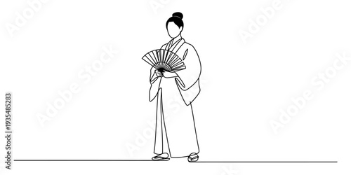 Minimalist continuous line drawing of a woman in a traditional japanese kimono holding a fan Vector, illustration