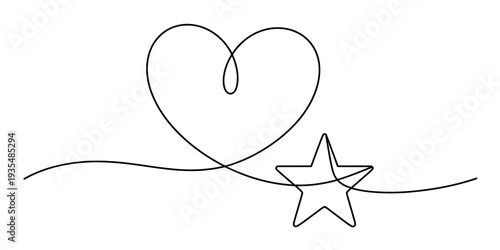 Simple one line drawing of a heart and a star on a wavy line on a white background Vector, illustration