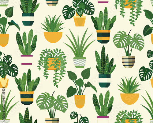 A vibrant seamless pattern featuring various potted houseplants and foliage
