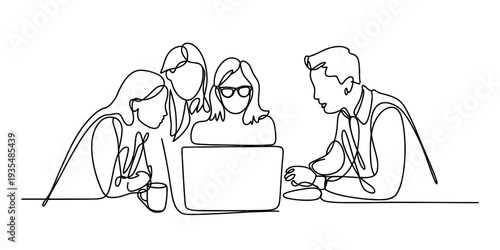 Continuous line drawing of a diverse group of people collaborating and working together on a laptop. Vector, illustration
