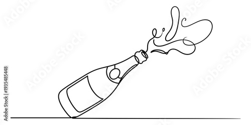 Continuous line drawing of a champagne bottle popping with a flying cork and fizzing spray.