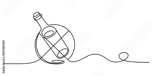 Continuous line drawing of a glass bottle with a rolled message inside on a plain white background.