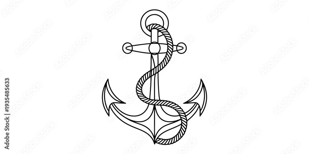 Obraz premium A black and white line drawing of a classic nautical anchor with a rope coiled around it. Vector, illustration