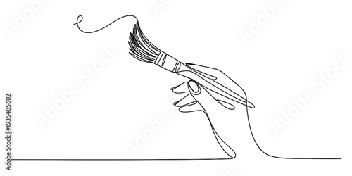Continuous line drawing of a hand holding a paintbrush creating a flowing artistic stroke. Vector, illustration