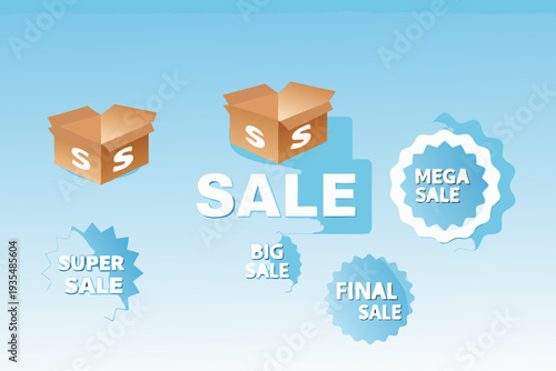 Colorful graphic advertising a mega sale with boxes and speech bubbles