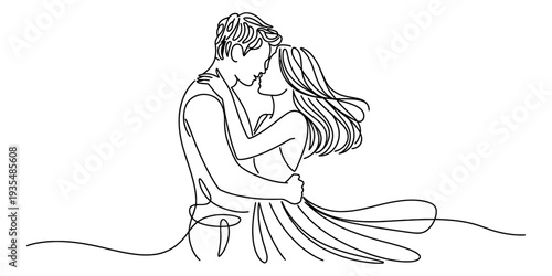 Continuous line art drawing of a romantic couple embracing and sharing a tender moment together. Vector, illustration