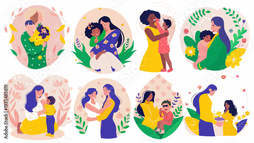 Diverse mothers lovingly embracing their babies in colorful floral illustrations