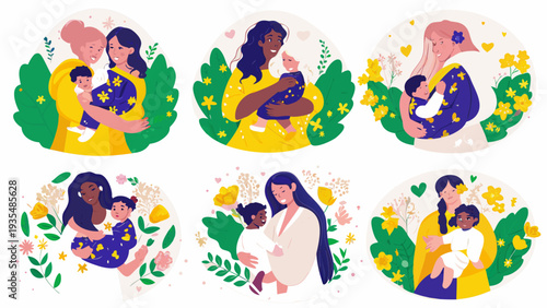 Diverse mothers lovingly embracing their babies in circular floral illustrations