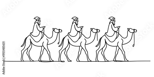 Three wise men riding camels in a line drawing illustration of the nativity scene journey. Vector, illustration