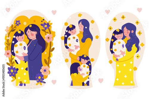A mother and daughter sharing tender moments surrounded by floral decorations