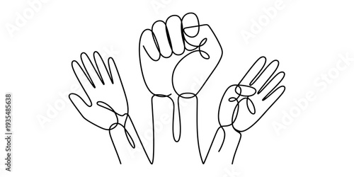 Continuous line drawing of three hands featuring a central clenched fist and two open palms. Vector, illustration