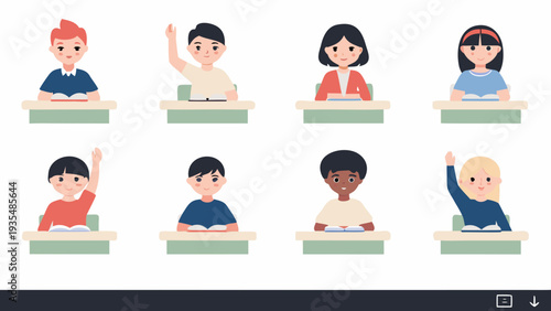 Diverse group of children at desks raising hands in a classroom