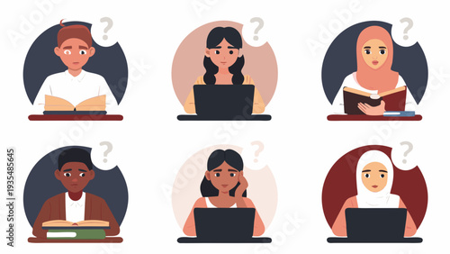 Diverse students pondering while studying with books and laptops