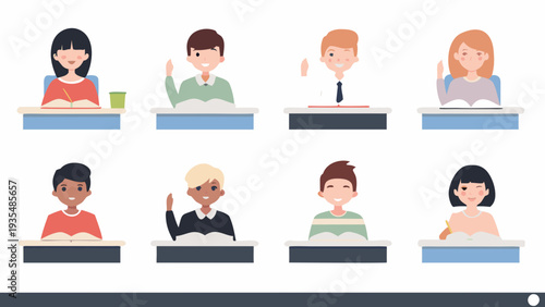 Diverse group of students raising hands and studying at desks