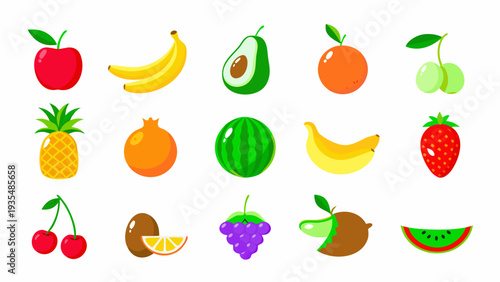 Colorful illustration featuring various fruits arranged in a grid pattern