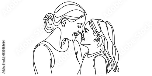 Minimalist continuous line art drawing of a mother and daughter sharing a loving moment together Vector, illustration