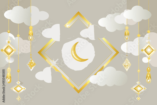 Golden crescent moon and diamond shapes hang amongst fluffy white clouds