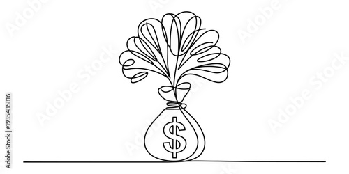 Continuous line drawing of a money bag with a growing plant symbolising financial growth Vector, illustration