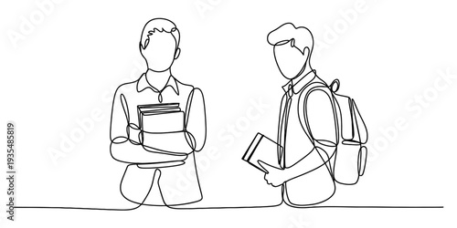 Continuous line drawing of two male students holding books and wearing a backpack for education Vector, illustration