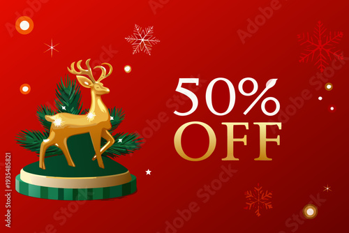 Festive sale advertisement featuring a golden reindeer and winter snowflakes