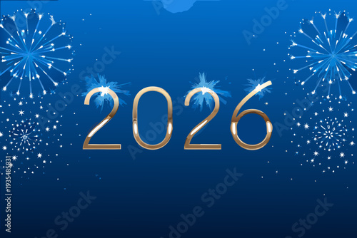 Golden new year 2026 celebration with sparkling fireworks and blue background