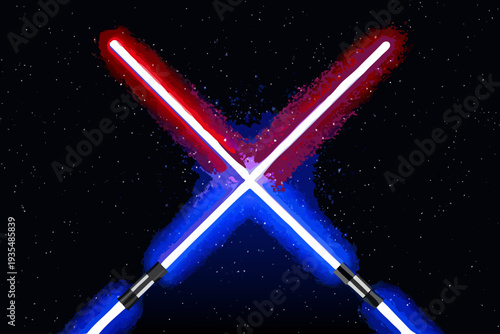 A dramatic clash of red and blue lightsabers against a starry backdrop