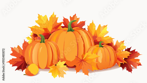 Autumn harvest display featuring pumpkins and vibrant fall maple leaves