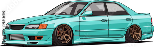 A sleek turquoise car with bronze wheels parked on a plain white background viewed from the side