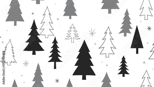 Simple seamless pattern of stylized pine trees in shades of grey and black with snowflakes on a white background for winter holidays.