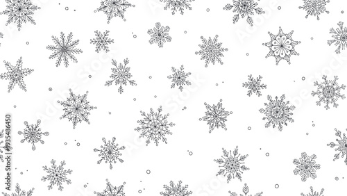 Festive seamless pattern with various intricate hand-drawn snowflake designs in black and white for winter holiday wrapping paper and decor.