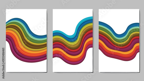 Abstract art set of three vertical posters with flowing multi-colored wavy lines in a paper-cut style against a plain white background.