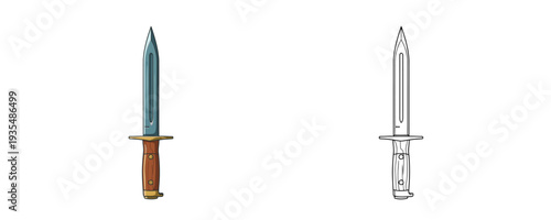 Tactical combat knife with wooden handle in cartoon and linear styles with brown and steel colors for military defense or survival equipment on white background isolated set
