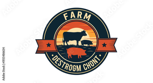 Farm Animals Silhouette Emblem Sunset.