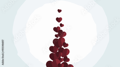 Rising stream of multi-toned red heart shapes against a soft circular glow on a pale background for love and romance themed designs.