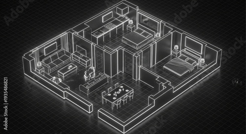 Modern House Floor Plan Blueprint Wireframe Design.