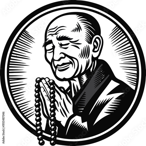 Vector illustration of a praying monk with rosary beads