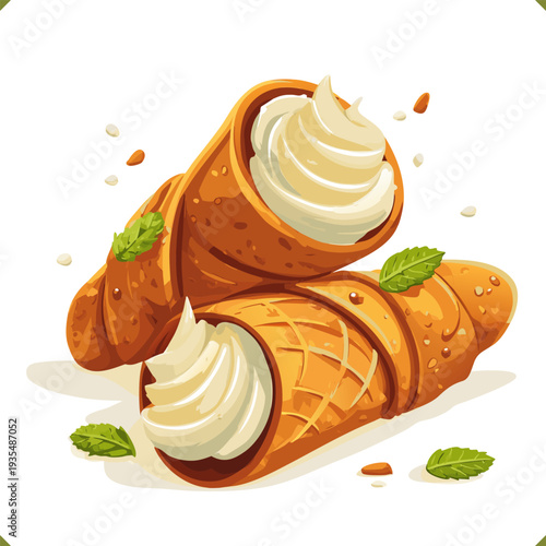 Vector illustration of sweet Italian cannoli pastry filled with ricotta cream and mint garnish isolated on a white background