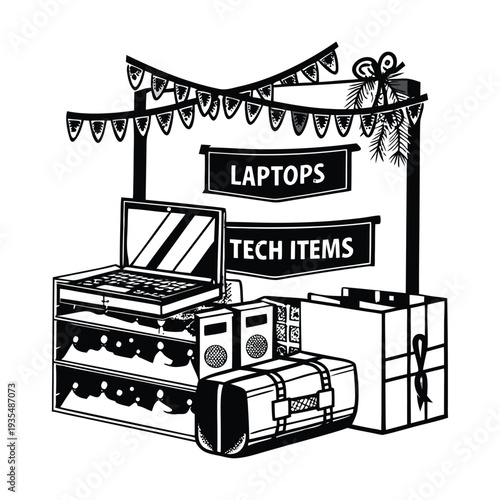 Vector illustration of electronics market stall with laptops and tech items