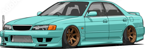 A sleek, teal-colored sedan with bronze rims parked on a plain surface, captured in a 3D illustration from a side angle.