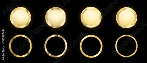 Gold metal medals and gold metal circle frames, Realistic 3d golden award badges set, Luxury round shining metal frames with glitters