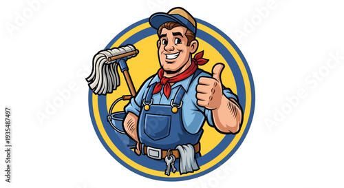 Friendly Male Cleaner with Mop and Bucket Giving Thumbs Up.