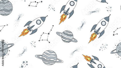 Playful seamless pattern featuring hand-drawn space rockets, planets, galaxies, and constellations on a clean white background for kids.
