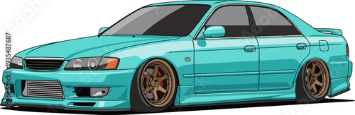 Customized turquoise car illustration with lowered suspension and bronze wheels on a plain background viewed from the front side